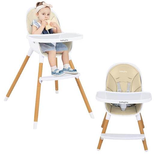 BABY JOY Convertible Baby High Chair, 3 in 1 Wooden Highchair/Booster/Chair with Removable Tray, Adjustable Legs, 5-Point Harness, PU Cushion and Footrest for Baby, Infants, Toddlers (Beige)-CubbioJoy