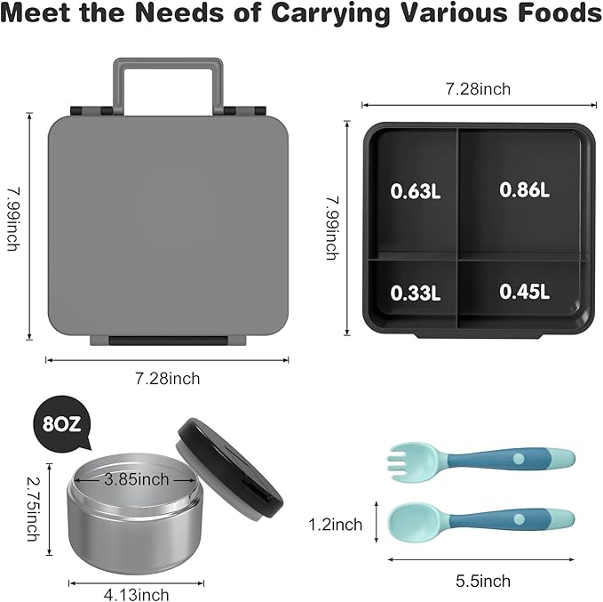 Bento Lunch Box with 8oz Soup Thermo, Kids Leakproof Lunch Food Containers with 4 Compartment, Kids Thermo Insulated Hot Food Jar for School, Trvael (Grey)-CubbioJoy