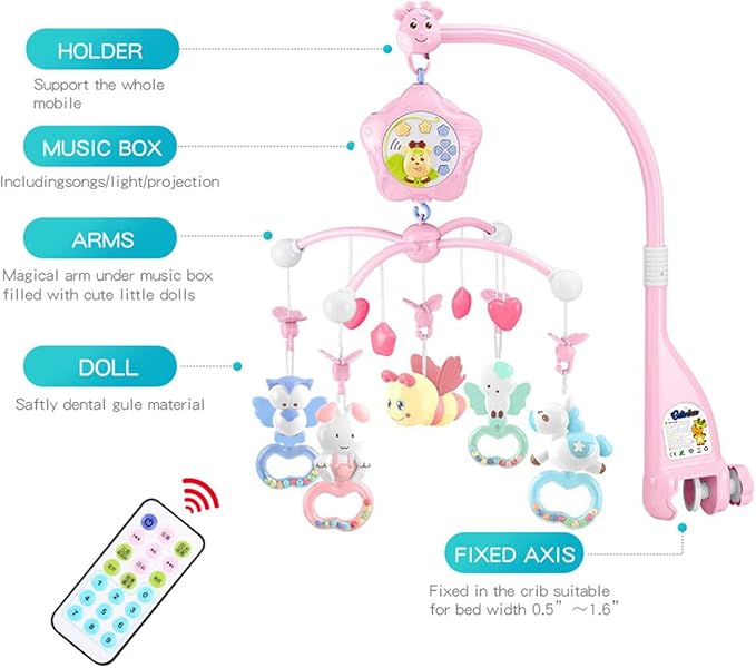 Baby Mobile for Crib with Musicial and Lights, Remote and Projection. Pack and Play Toys for Ages 0+ Months (Pink-Bee)-CubbioJoy