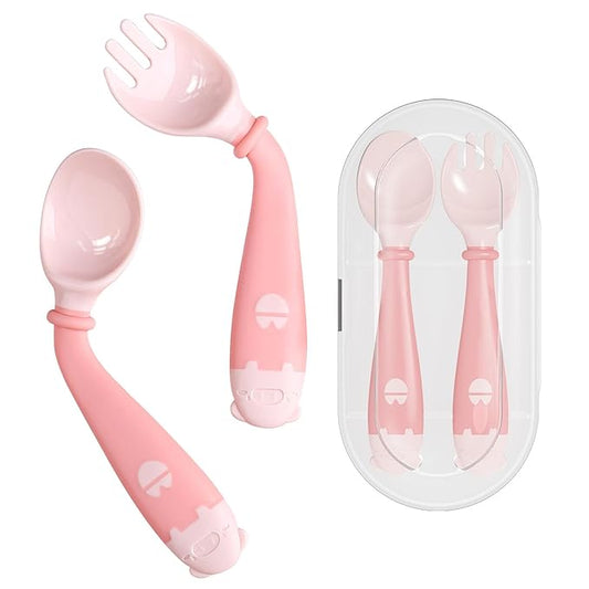 Deejoy Toddler Utensils with Travel Case, Baby Spoons and Forks Set for Self Feeding, Silicone Bendable Handle, Easy Grip Heat-Resistant, Self-feeding Flatware Sets for Kids (Stage 2) Pink-CubbioJoy