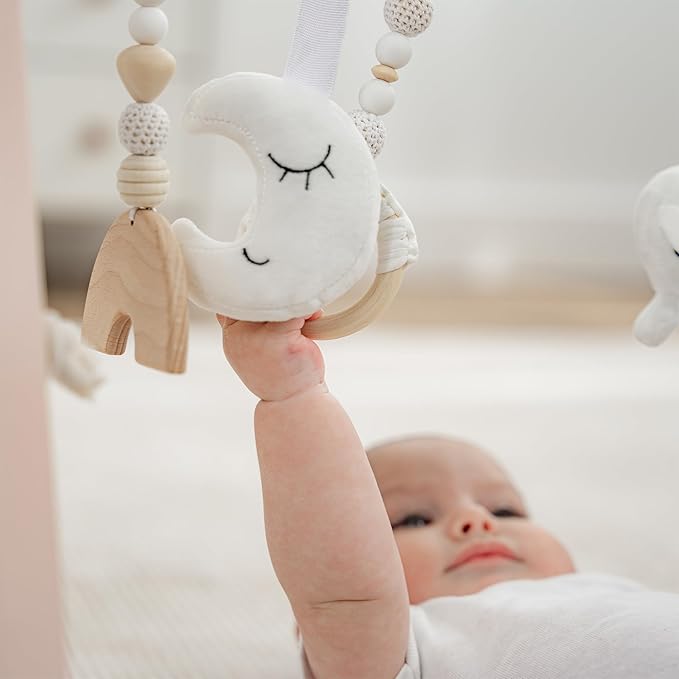 Comfy Cubs Wooden Baby Play Gym - Natural Finish Pinewood Baby Activity Gym with 5 Sensory Hanging Toys - Easy No-Tool Assembly, Safe and Durable for Infant Motor and Visual Development - Blush-CubbioJoy