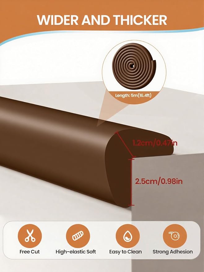 Baby Proof Edge Corner Protector, 16.4FT 0.47''Th L-Shape Furniture Corner & Edge Safety Bumpers with 10 Corners, Pre-Taped, Soft NBR Rubber Foam Desk Edge Cushion Wall Corner Protector (Coffee)-CubbioJoy