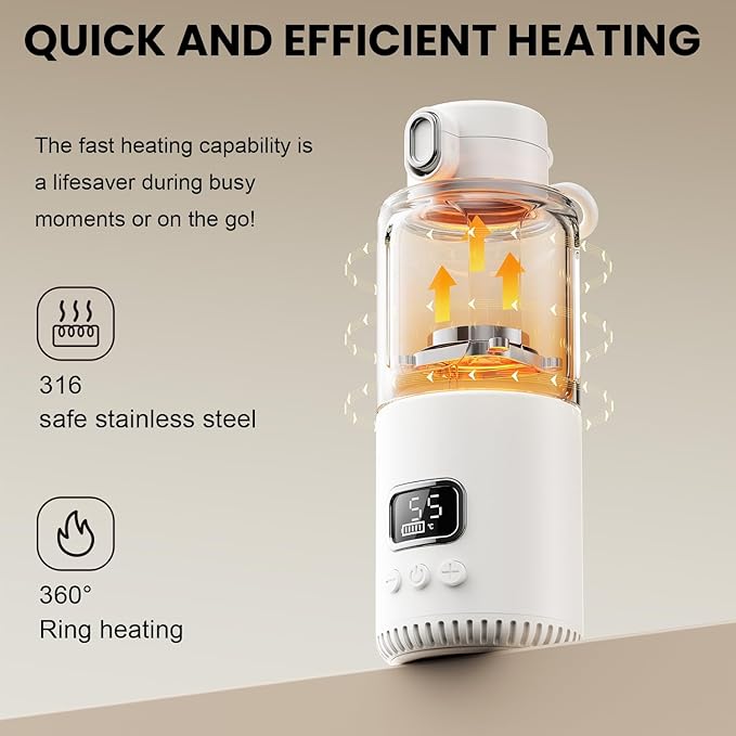 Dollox Portable Bottle Warmer for Travel 12oz Large Capacity Baby Portable Water Warmer for Formula, Breastmilk, Milk, 10000mAh, Wireless, Fast Heating Suitable for Baby Outdoor Travel, Car, Airplane-CubbioJoy