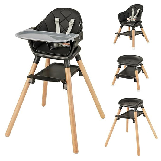 BABY JOY Baby High Chair, 6 in 1 Convertible Wooden High Chair for Babies & Toddlers with Adjustable Legs, Double Removable Tray, Safety Harness & Waterproof PU Cushion (Black)-CubbioJoy