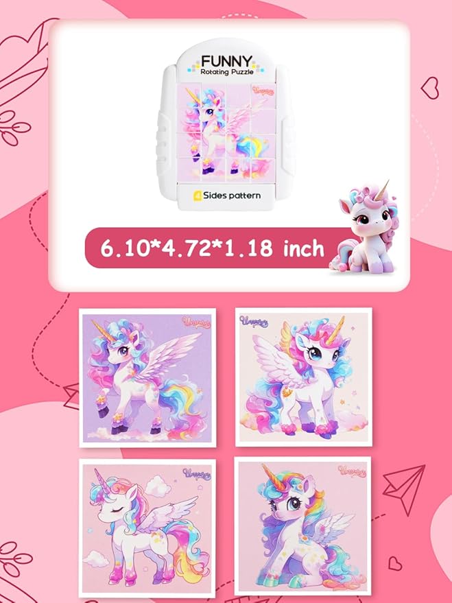 16-Piece Rotating Puzzles for Kids 4-6, Toddlers Puzzles 2-4, Road Trip, Airplane Activities Game, Travel Toys - Brain Teaser, Fine Motor Skills - Birthday Gifts Boys & Girls - Pink Alicorn-CubbioJoy