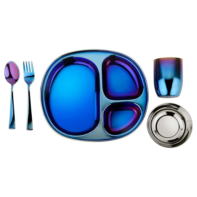 Ahimsa Stainless Steel Kids Dinnerware Set - 5 Piece Stainless Steel Toddler Plates and Bowls Set, Pediatrician Designed, Plastic Free Toddler Plate and Bowl, Kids Utensils and Cup (Blue)-CubbioJoy