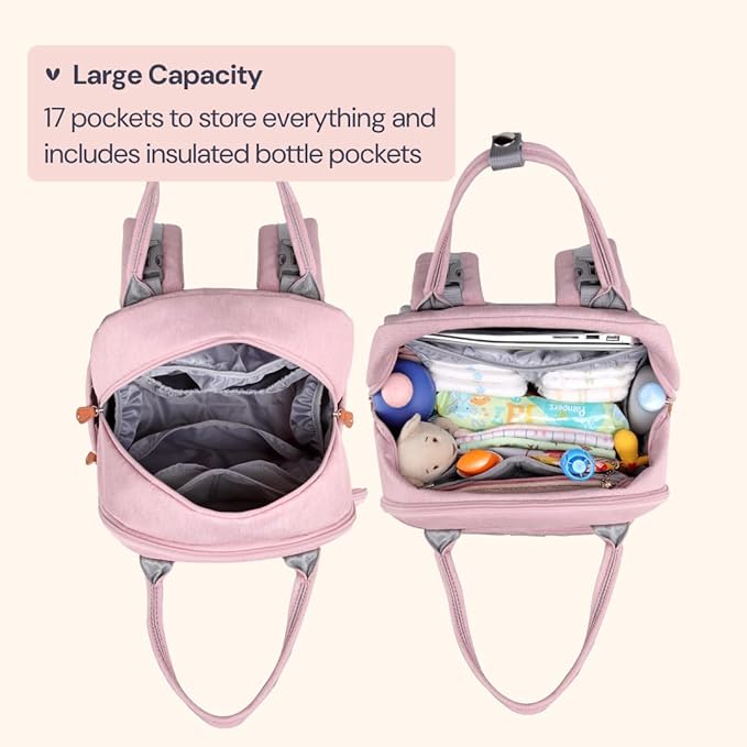 BabbleRoo Diaper Bag Backpack - Baby Essentials Travel Tote - Multi function Water Resistant Diaper Bag, Travel Essentials Baby Bag with Changing Pad, Stroller Straps & Pacifier Case - Unisex, Pink-CubbioJoy