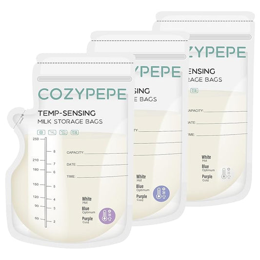 100 Pcs Breastmilk Storage Bags, 8Oz Breast Milk Storing Bag with Pour Spout, Temperature-Sensing Color Change Milk Bag for Convenient Breastfeeding, No Leak Presterilized for Freezer-CubbioJoy