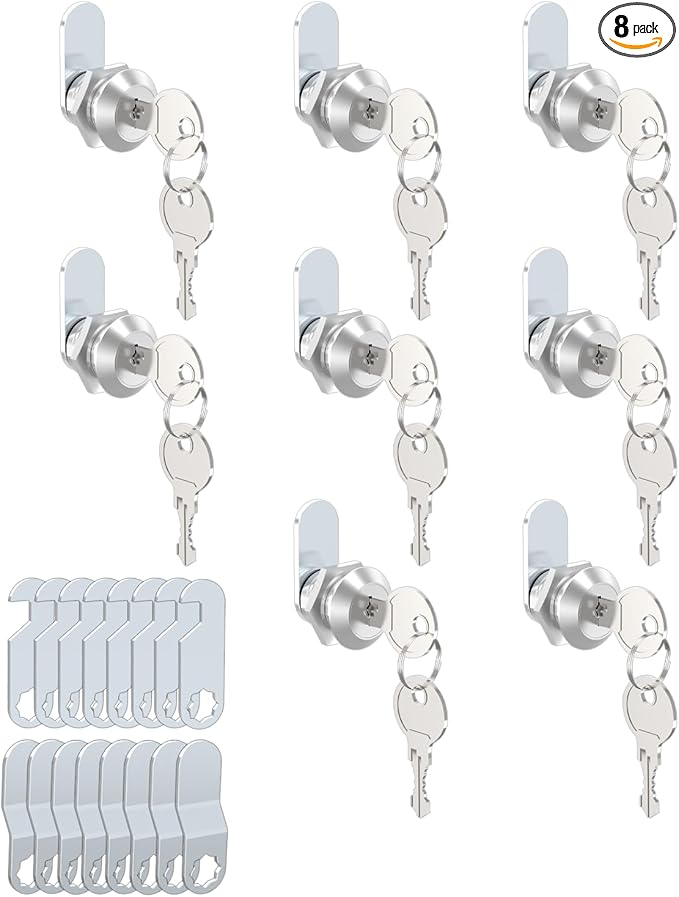 8 Packs Drawer and Cabinet Locks (Keyed Different) Secure Important Files, 5/8Inch 16mm Cam Locks with 3 pcs Different Lock Plates for Cabinet Cupboard File Drawer Mailbox Dresser Kitchen-CubbioJoy