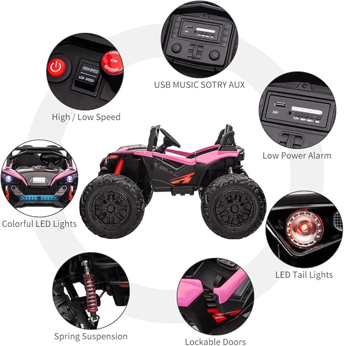 2 Seaters 24V Ride on UTV with Remote Control,10AH Battery, 400W Powerful Motors with 17" EVA Wheels, 20.5“ Seat Width Electric Ride Toy with Metal Suspension,LED Lights,Music,Horn (Rose)-CubbioJoy