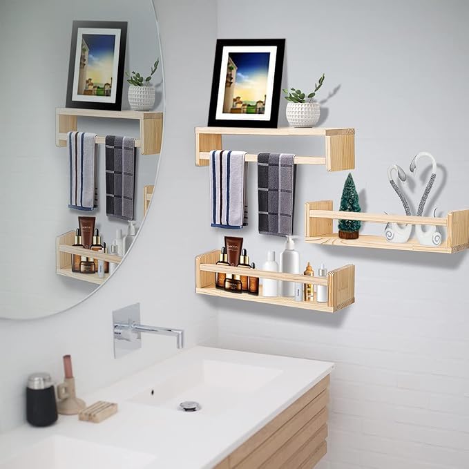 AZSKY Nursery Book Shelves 24 Inch Rustic Natural Wood Floating Shelves,Wall Book Shelves for Farmhouse,Bathroom Décor,Kitchen Spice Rack or Book Shelf Organizer for Home Décor,a Set of 3 Same Sizes-CubbioJoy