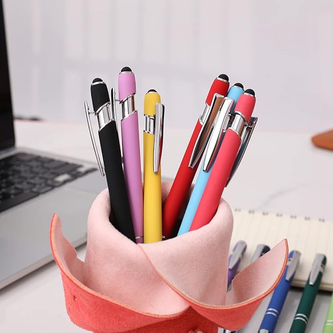 Ballpoint Pen with Stylus Tip, Soft Touch Click Metal Pen, 1.0mm Medium Point, Black Ink, 12 Count(Red)-CubbioJoy