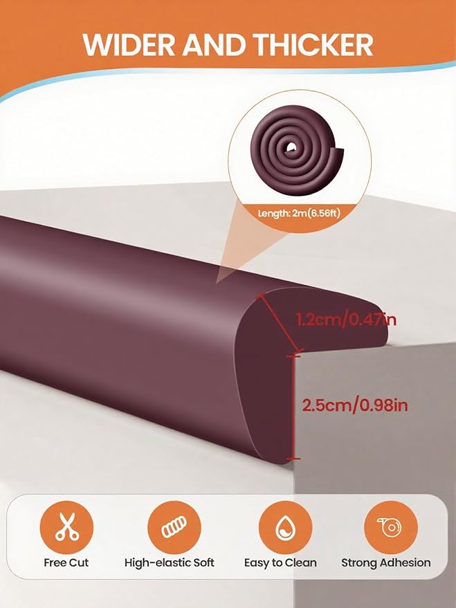 Baby Proof Edge Corner Protector, 6.56FT 0.47''Th L-Shape Furniture Corner & Edge Safety Bumpers with 6 Corners, Pre-Taped, Soft NBR Rubber Foam Desk Edge Cushion Wall Corner Protector（Brown）-CubbioJoy