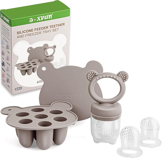 JEXFUN Silicone Baby Fruit Food Feeder Pacifier & Breastmilk Popsicle Freezer Molds, Double as Baby Teething Toys, Freezable Feeding Set for Breast Milk Ice Cubes, Food, Vegetable Purees - (Sand)-CubbioJoy