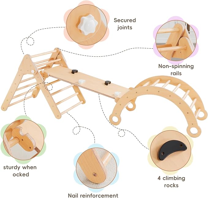 Asweets Pikler Triangle Set, 5 in 1 Foldable Montessori Climbing Set with Ramp, Baby Climbing Toys for Indoor Playground, Jungle Gym for Kids with Arch Climber, Rocker, Suitable for Toddlers-CubbioJoy