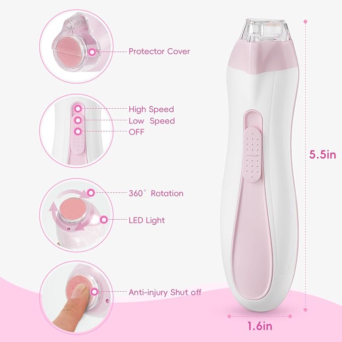 Baby Nail Trimmer Electric, 15 in 1 Baby Nail Clippers for Gentle Nail Care, Rechargeable Baby Nail File Electric with Light &15 Grinding Pads for Infant Toddler, Pink-CubbioJoy