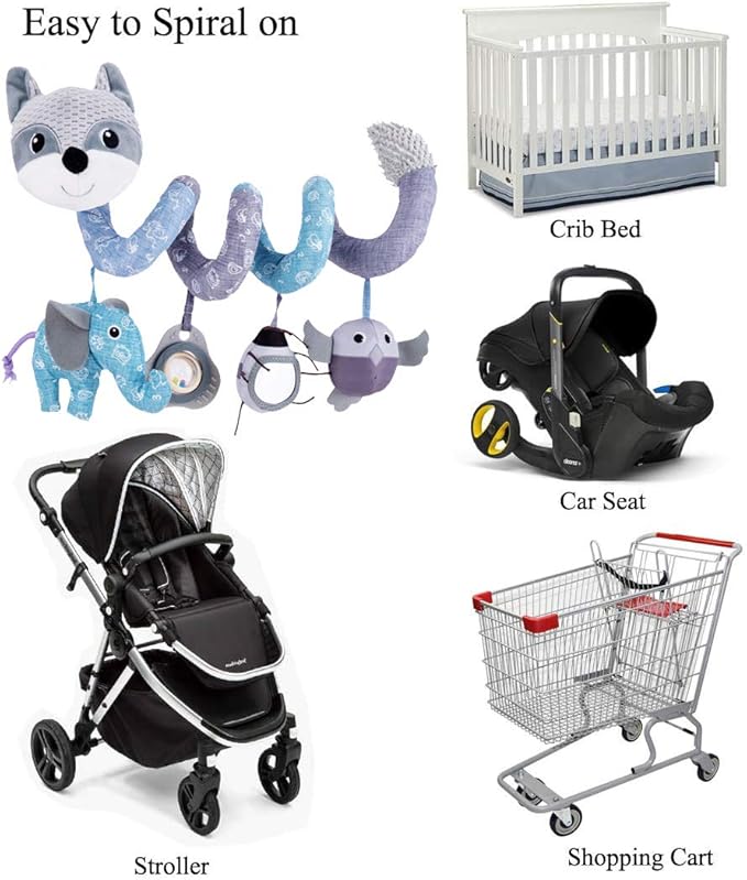 Car Seat Toys, Baby Plush Spiral Hanging Toys for Stroller Crib Bar Bassinet Car Seat Mobile with Musical Owl BB Squeaker Elephant- Gray Fox-CubbioJoy