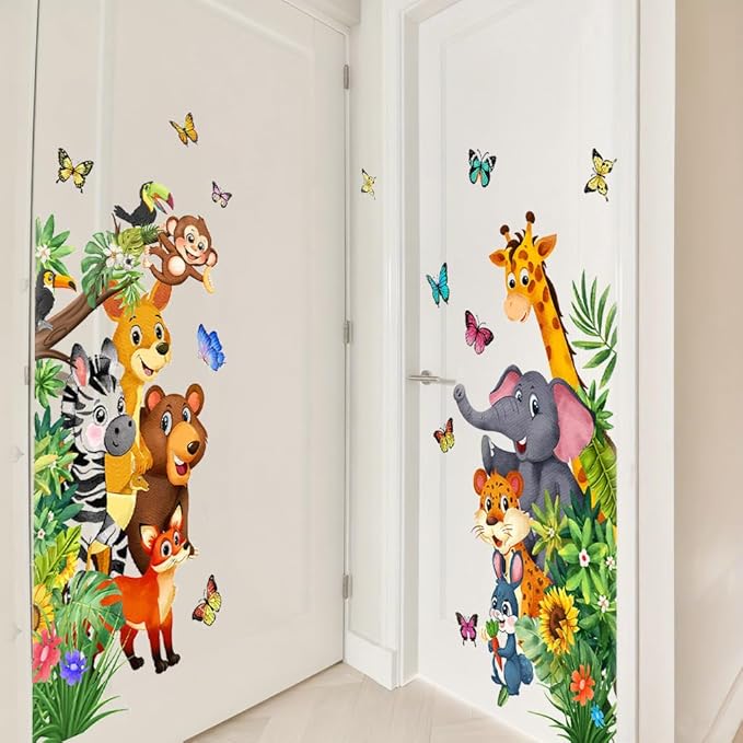 Jungle Animal Wall Decals, Cartoon Animal Sticker Safari Elephant Lion Monkey Wall Decals for Baby Room Playroom Bedroom Classroom Kindergarten Decor-CubbioJoy