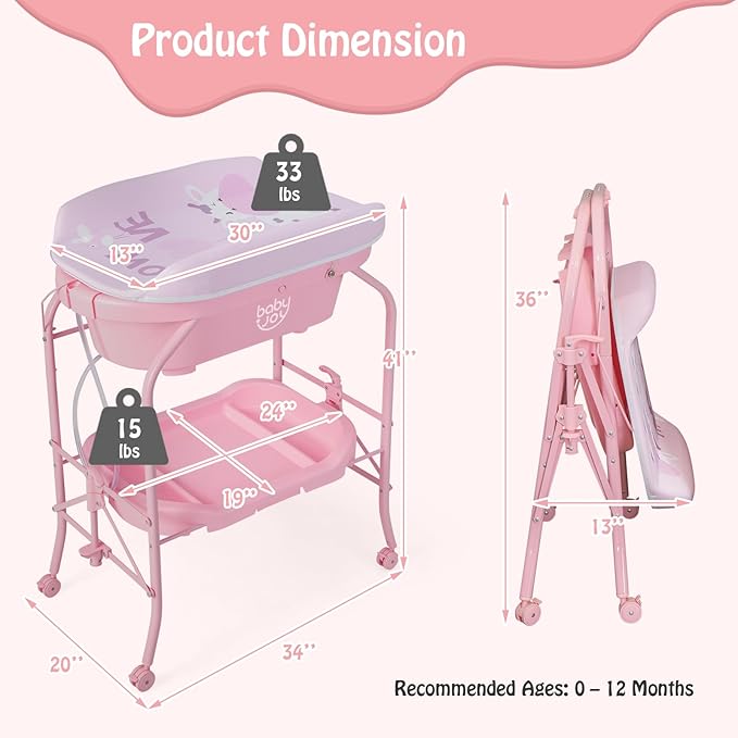 BABY JOY Baby Bathtub with Changing Table, Foldable Infant Diaper Changing Station with Storage Tray, Waterproof Pad, Portable Newborn Nursery Organizer Bath Stand with 4 Universal Wheels (Pink)-CubbioJoy