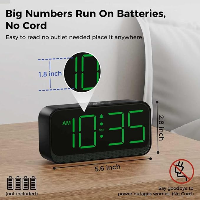 Battery Operated Digital Clock: Cordless Small Alarm Clock for Bedroom Travel - Large Numbers 4 Dimmers for All Ages Green Digits-CubbioJoy