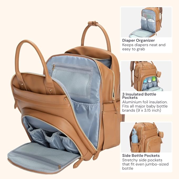 BabbleRoo Leather Diaper Bag Backpack - Baby Essentials Travel Baby Bag, Multi function, Waterproof, with Changing Pad, Stroller Straps & Pacifier Case – Unisex, Light Brown-CubbioJoy