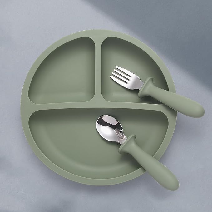 Baby Feeding Set, 2 Pack Silicone Divided Suction Plates for Baby, 2 Pack Spoons and Forks Set, BPA Free, Baby Led Weaning Supplies for Toddler Utensils-CubbioJoy