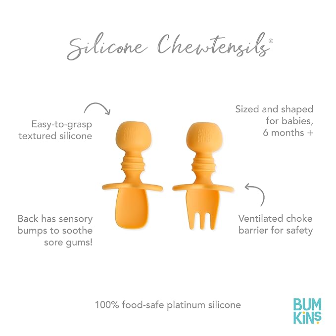Bumkins Baby Utensils Set, Chewtensils Silicone Spoons for Dipping, Self-Feeding, Baby Led Weaning, Trainer Learning, First Stage Eating, Soft Practice Fork and Spoon, Babies 6 Months, Tangerine-CubbioJoy