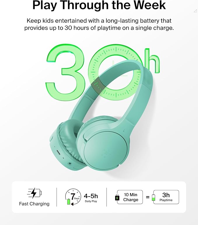 Belkin SoundForm Mini - Wireless Bluetooth Headphones for Kids with 30H Battery Life, 85dB Safe Volume Limit, Built-in Microphone - Kids On-Ear Earphones for iPhone, iPad, Fire Tablet & More - Mint-CubbioJoy