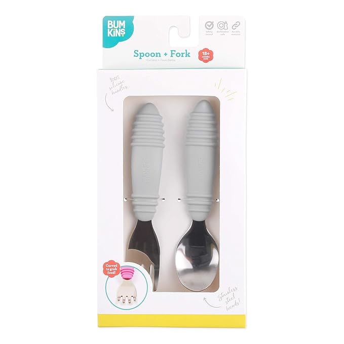 Bumkins Toddler Utensils, Kids Size Fork and Spoon Set, Silicone and Stainless-Steel Training Silverware, Angled Forks / Sporks for Self-Feeding, Children Hold Learning to Eat, 18 Months Up, Gray-CubbioJoy