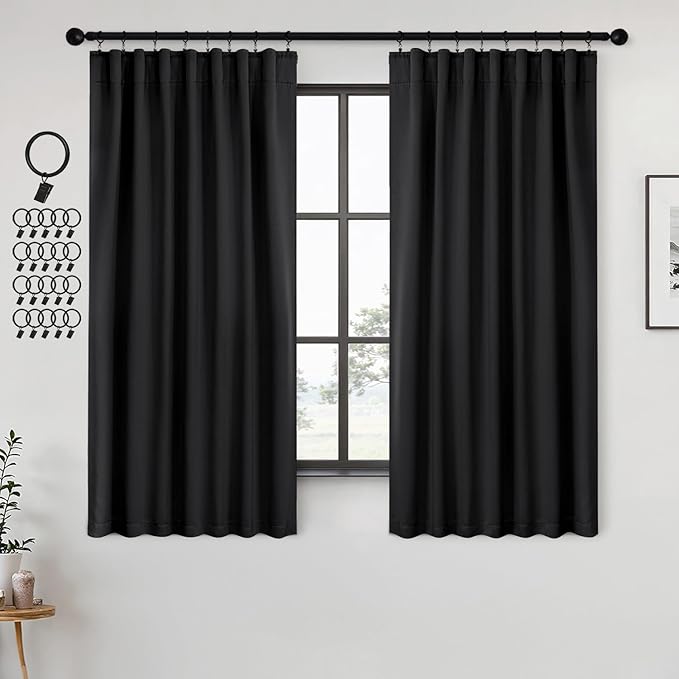 ANRODUO Back Tab Blackout Curtains for Bedroom Living Room, Rod Pocket Pinch Pleated Thermal Insulated Room Darkening Curtains 45 Inches Long 2 Panels, Black, 42 x 45 Inch-CubbioJoy