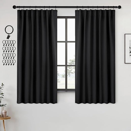 ANRODUO Back Tab Blackout Curtains for Bedroom Living Room, Rod Pocket Pinch Pleated Thermal Insulated Room Darkening Curtains 45 Inches Long 2 Panels, Black, 42 x 45 Inch-CubbioJoy