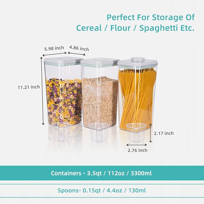 Ankou Airtight Pop Cereal Container, 3300ml Each Large Cereal Containers with Scoops Food Storage Canister Dispenser Perfect For Cereal Flour Spaghetti Rice Kitchen Organizing 3.5qt-CubbioJoy