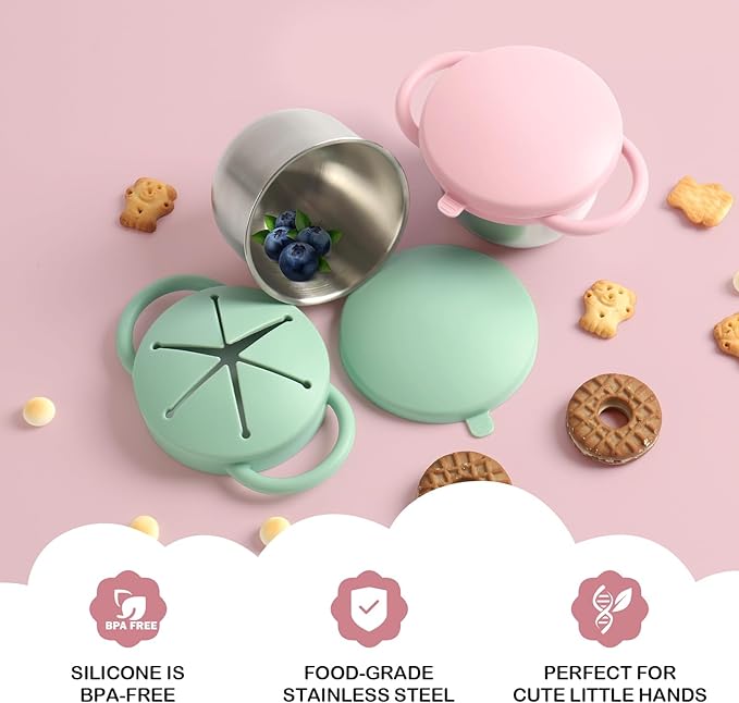 2 Pack Snack Cups for Toddlers Spill Proof - Detachable Stainless Steel Toddler Snack Cups with Silicone Lids & Handles - Dishwasher Safe Baby Snack Containers for Mess-Free Snacking (Green and Pink)-CubbioJoy