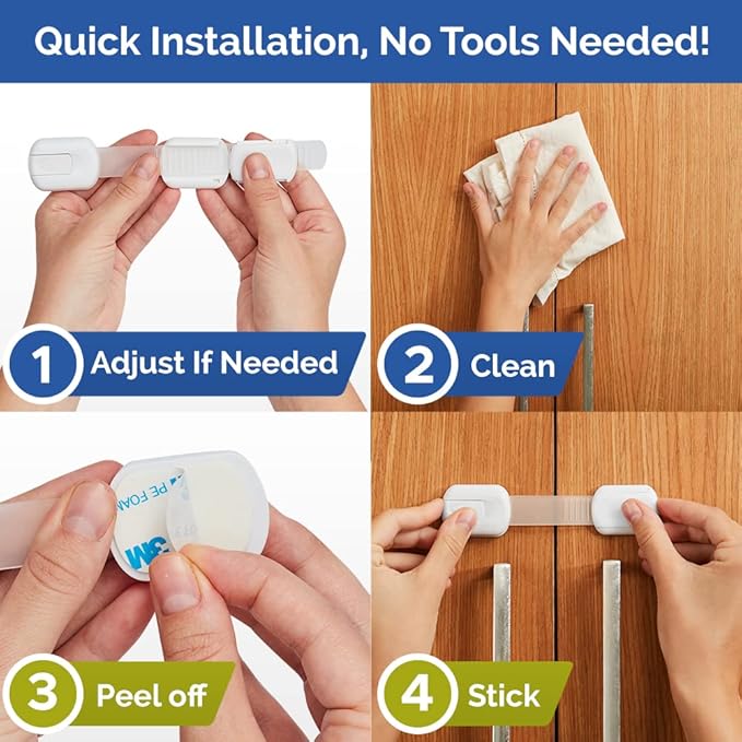 Child Safety Strap Locks (10 Pack) Baby Locks for Cabinets and Drawers, Toilet, Fridge & More. 3M Adhesive Pads. Easy Installation, No Drilling Required, White-CubbioJoy