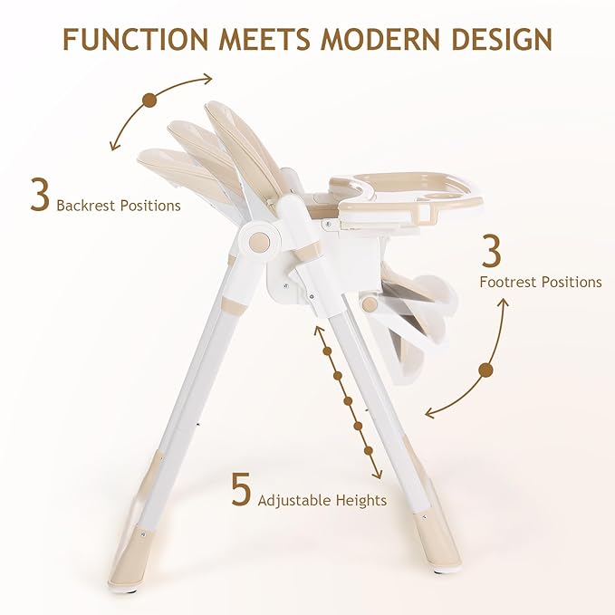 3 in 1 Baby High Chair with Wheels, Adjustable 5 Point Harness, Tray, Foot Rest, Backrest and Seat Height, Foldable High Chair for Toddlers, Beige-CubbioJoy