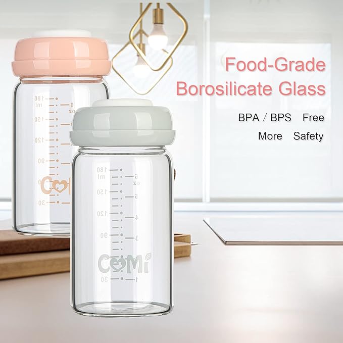 COMI Wide Neck Glass Breastmilk Collection n Storage Bottle, 6oz with Screw Ring Sealing Disk; Re-markable Sealing Disc. BPA Free, Fits Breast Pumps & Nipples (Pink Lids)-CubbioJoy