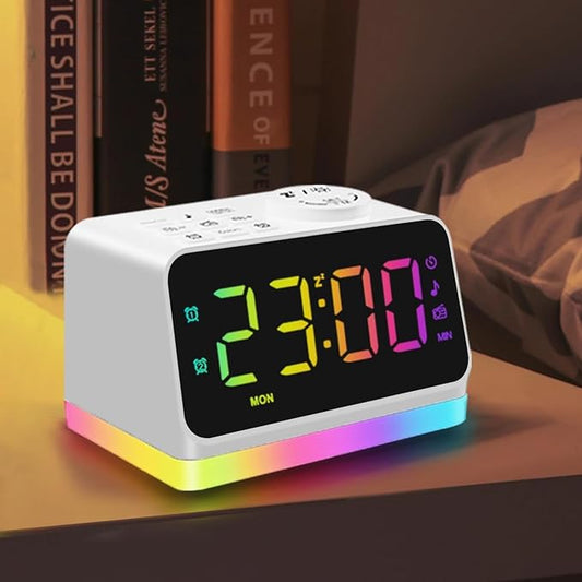 JALL Digital Alarm Clock with FM Radio for Bedroom, 8 Colors Night Light with 2 Charging Port, Sleep Sound Machines with Timer, Dual Alarm, Loud Alarm and Easy to Use for Seniors and Kids as Gift-CubbioJoy