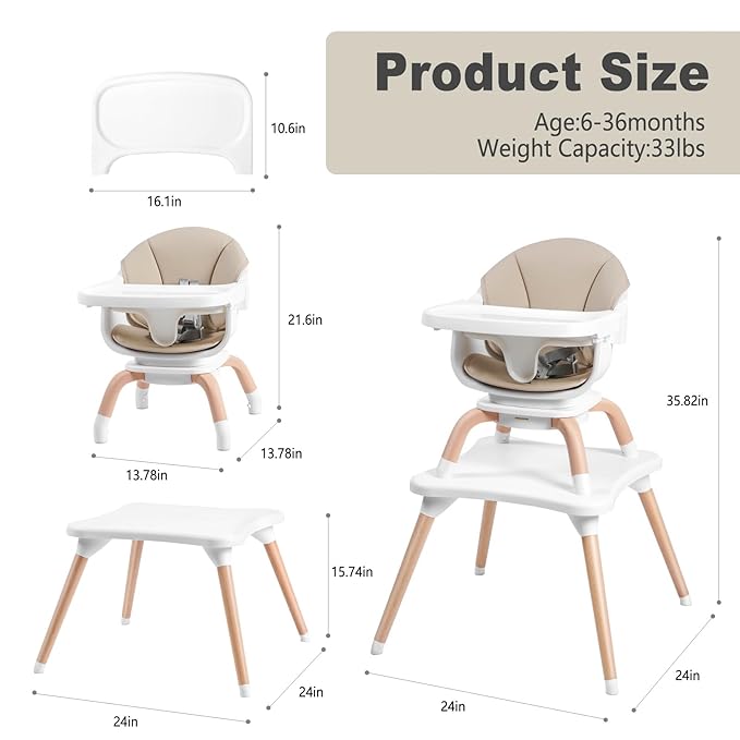 Baby High Chair, 7 in 1 Convertible High Chairs for Babies and Toddlers, Kids Learning Table, Building Block Table, Toddler Dining Chair with 360° Rotating Seat, 5-Point Safety Harness (Khaki)-CubbioJoy