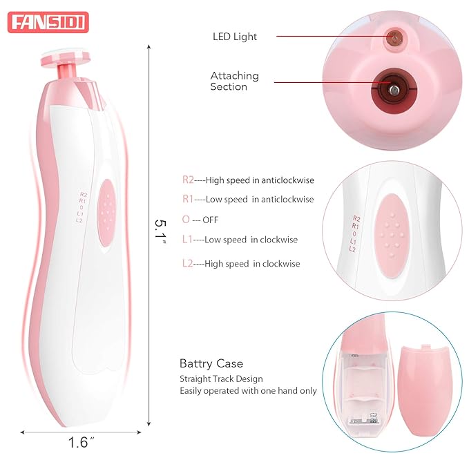 Baby Nail Trimmer Electric, FANSIDI Baby Nail File Infant Nail Clippers with 10 Grinding Pads 8 Sandpapers for Newborn Infant Toddler or Adults Toes Fingernails Care - AA Battery Operated (White/Pink)-CubbioJoy