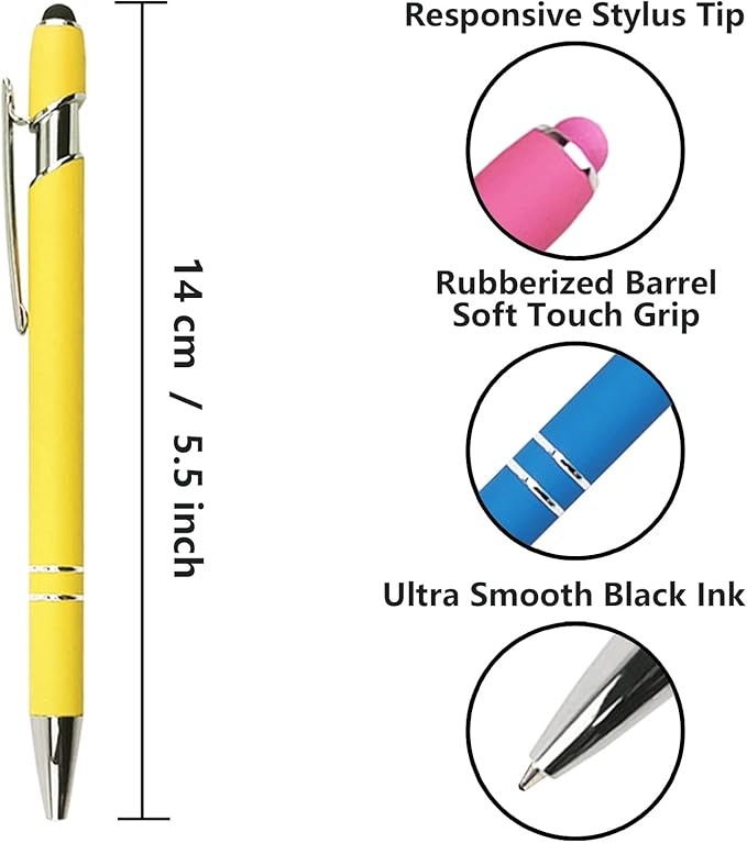 Ballpoint Pen with Stylus Tip, Soft Touch Click Metal Pen, 1.0mm Medium Point, Black Ink, 12 Count(Yellow)-CubbioJoy