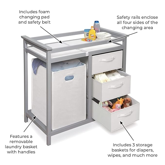 Badger Basket Modern Baby Changing Table - Portable Diaper Station with 3 Drawers Pad & Hamper - Storage Organizer for Baby Diapers & Toys - Gray/White-CubbioJoy