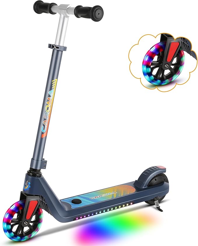 Caroma Electric Scooter for Kids Ages 6-12,150W/180WMotor,10 MPH Max Speed & 7 Miles,Colorful Lights,Adjustable Height & Speed,LED Display,Foldable Kids Electric Scooter 132 Lbs Max Load,Idea Gift-CubbioJoy