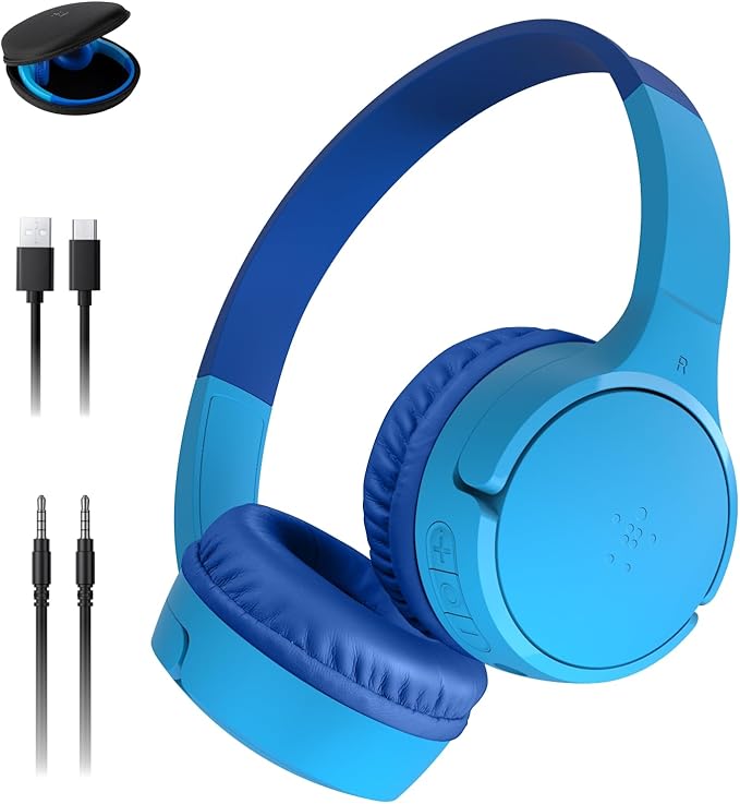 Belkin SoundForm Mini - Wireless Bluetooth Kids Headphones, 30H Battery, 85dB Safe Volume Limit, Built-in Microphone - Toddler On-Ear Earphones for iPhone, iPad - Ideal for School - Blue w/Case-CubbioJoy