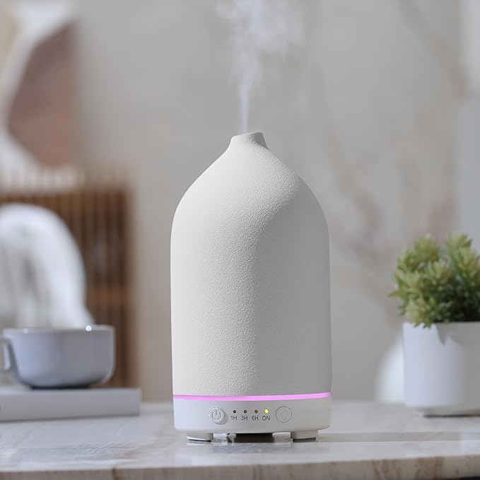 200ML Ceramic Essential Oil Diffuser - Ultrasonic Aromatherapy & Humidifier with 7-Color LED Lights, Auto Shut-Off, White, 1H/3H/6H Timer | Scent for Home,Office,Yoga-CubbioJoy