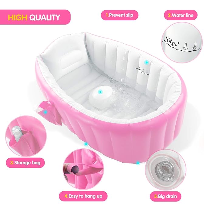 Inflatable Baby Bathtub, Portable Infant Toddler Bathing Tub Non Slip Travel Bathtub Mini Air Swimming Pool Kids Thick Foldable Shower Basin with Air Pump, Pink-CubbioJoy