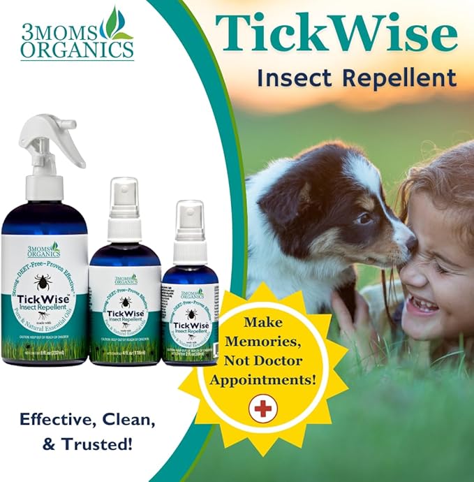 3 Moms Organics TickWise | DEET- Free, Tick and Insect Repellent | Plant Based Essential Oils and All Natural Ingredients | Safe for Kids, Adults, Dogs and HorsesTrio 8oz,4oz,2oz-CubbioJoy