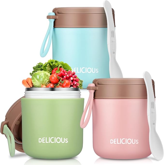 3 Pcs Insulated Food Container for Kids 15.2 oz Portable Stainless Steel Vacuum Insulated Kids Food Jar Leakproof Wide Mouth Soup Containers with Lids and Folding Spoon for Adults Kids-CubbioJoy