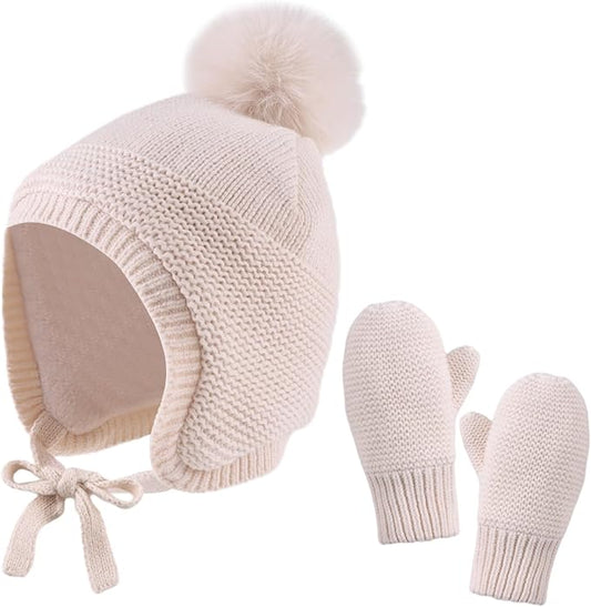 Basic Winter Baby Beanie Gloves Boys Girls Knitted Hat Pompom Kids Earflap Hats Warm Infant Toddler Beanie Mittens Set-CubbioJoy