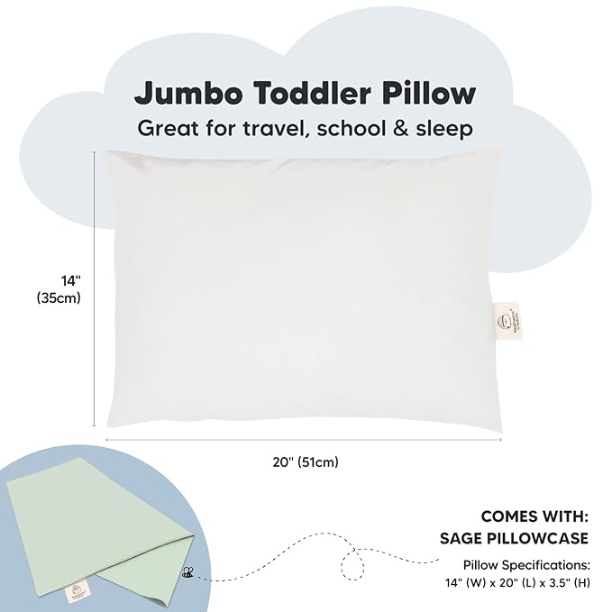 KeaBabies Toddler Pillow with Pillowcase, Jumbo 14X20 - Soft Organic Cotton Toddler Pillows for Sleeping - Machine Washable - Perfect for Travel, Toddler Bed Set (Sage)-CubbioJoy