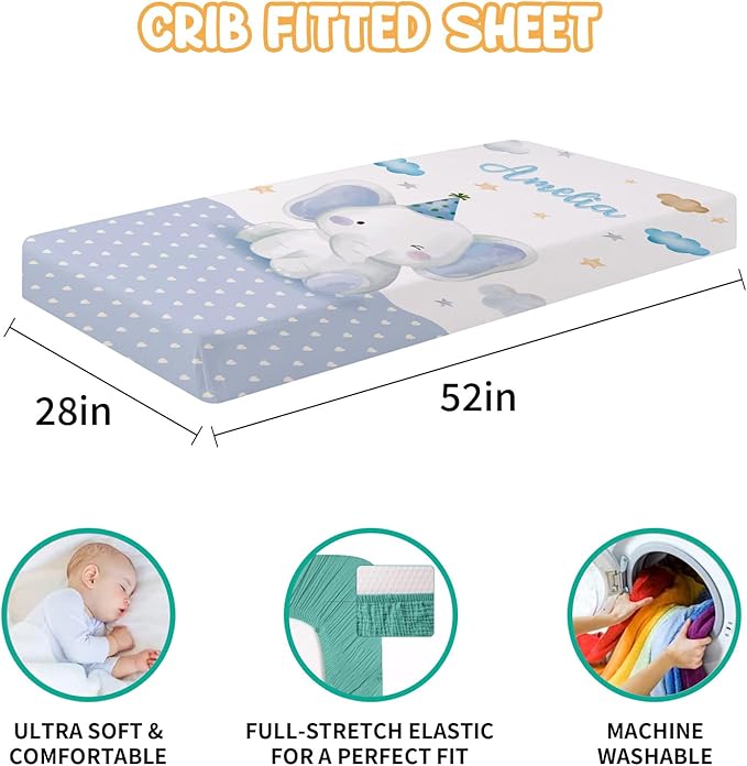 Custom Crib Bedding Set - Elephant Design Personalized Name Baby Nursery Bed 3 Pcs Set - Chic Soft Blanket with Dotted Backing, Sheet, Pillowcase for Newborn Girls Boys Gifts Color18-CubbioJoy